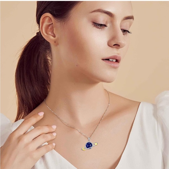 14k Natural Lapis Lazuli Planet and Night Sky Pendant Necklace - Picture 5 of 7